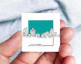 Mini Cincinnati, Ohio 1.5" USA City Skyline Tiny Watercolor and Ink Art PRINT