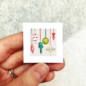 Mini 1&quot; Ornaments Bobbles Vintage Christmas Tree Holiday Ornament Print Tiny Watercolor  Art PRINT