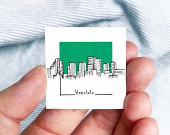 Mini Honolulu, Hawaii 1.5" USA City Skyline Tiny Watercolor and Ink Art PRINT