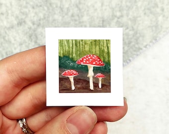 Mini 1" Red Mushroom Amanita muscaria Toad Print Tiny Watercolor  Art PRINT