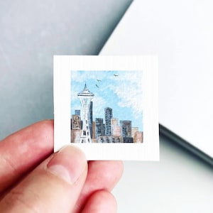 Miniature Space Needle Seattle Art PRINT - Tiny Washington Gouache 1-Inch Mini Wall Decor