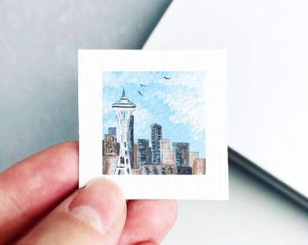 Miniature Space Needle Seattle Art PRINT - Tiny Washington Gouache 1-Inch Mini Wall Decor