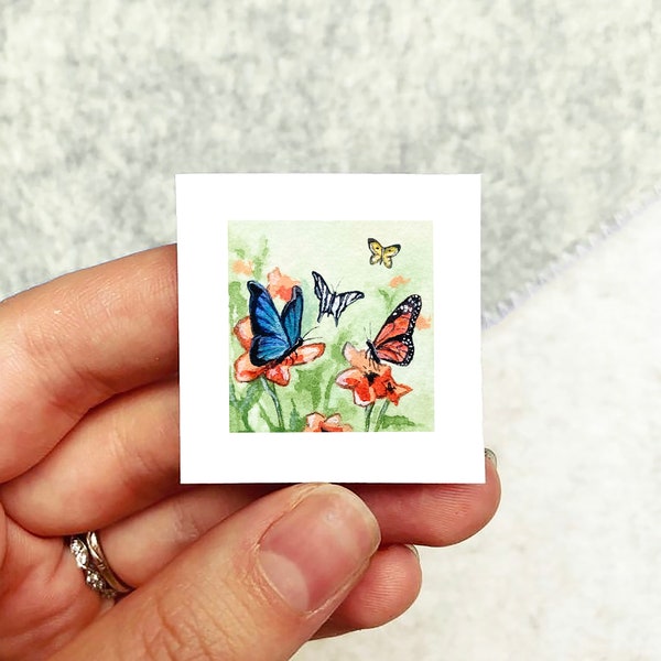 Mini 1" Butterfly Flower Garden Print Tiny Watercolor  Art PRINT