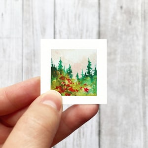 Mini 1&quot; Forest Wildflower Pine Trees Tiny Watercolor Landscape  Art PRINT