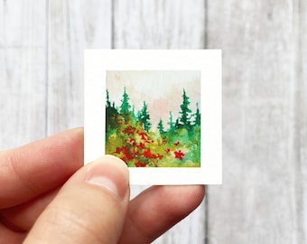 Mini 1&quot; Forest Wildflower Pine Trees Tiny Watercolor Landscape  Art PRINT