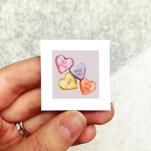 Mini 1&quot; Conversation Hearts Candy Valentine&#39;s Day Print Tiny Watercolor  Art PRINT
