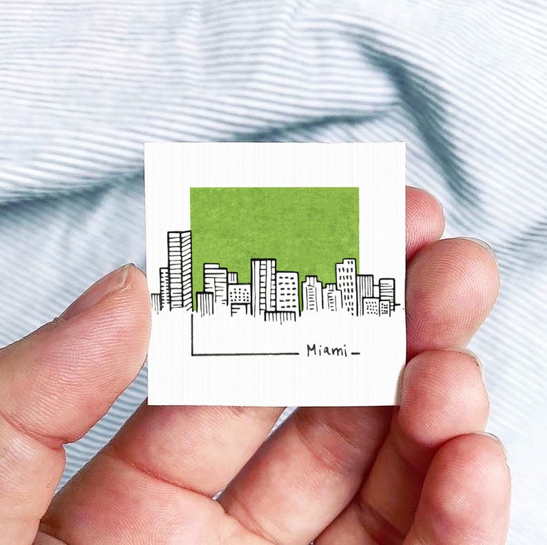 Miniature Miami, Florida Skyline Art PRINT - Tiny City Watercolor 1.5-Inch Mini Wall Decor image 1