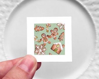 Mini 1" Gingerbread House Man Christmas Cookies Winter Scene Holiday Ornament Print Tiny Watercolor  Art PRINT