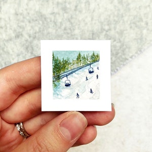 Mini 1&quot; Skiing Snowboarding Snowy Landscape Winter Scene, Tiny Watercolor  Art PRINT