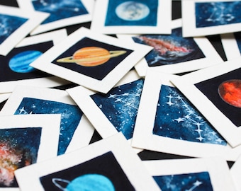 PRINTED Mini 1" Galaxy Planet Moon Stars Watercolor PRINTS