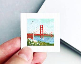 Miniature Golden Gate Bridge San Francisco Art PRINT - Tiny Gouache 1-Inch Mini Wall Decor