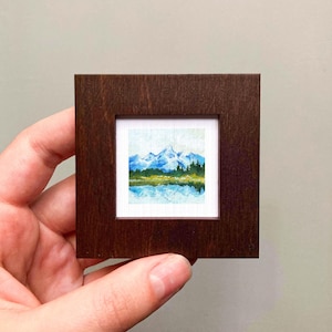 Miniature Grand Tetons National Park Wyoming Art PRINT - Tiny Gouache 1-Inch Mini Wall Decor Wooden Wall Frame