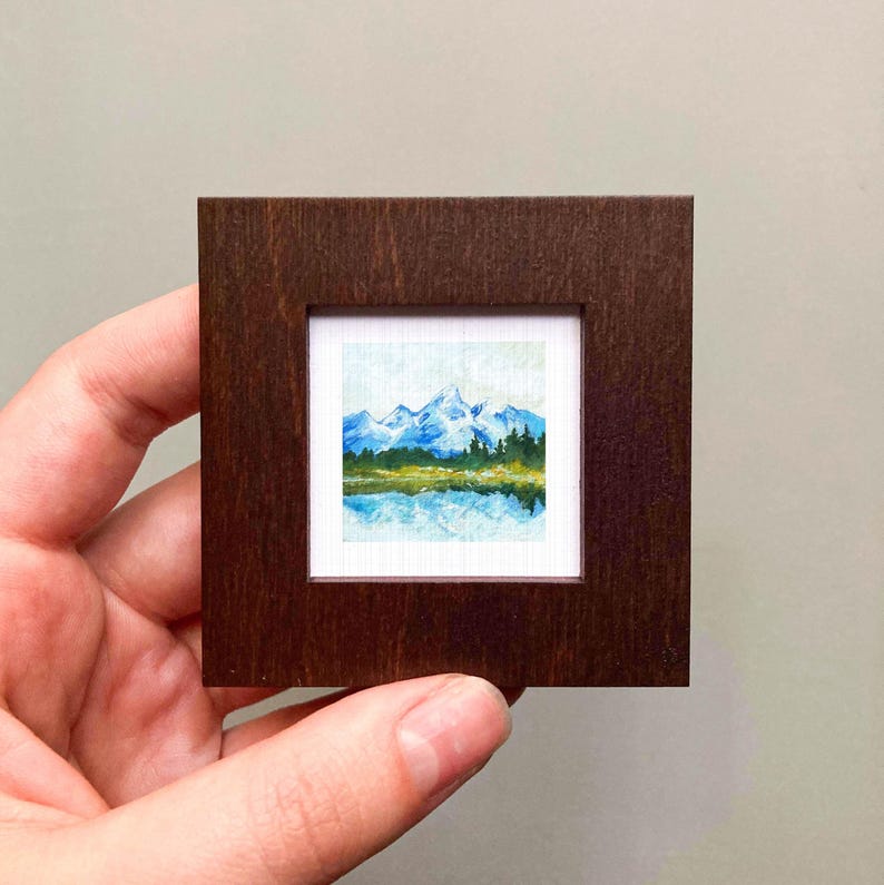 Miniature Grand Tetons National Park Wyoming Art PRINT - Tiny Gouache 1-Inch Mini Wall Decor Wooden Wall Frame