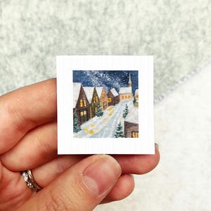 Miniature Snowy Village Night Art PRINT - Tiny Winter Watercolor 1-Inch Mini Wall Decor Ornament