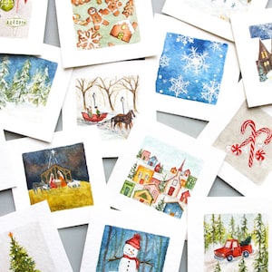PRINTED Mini 1&quot; Winter Christmas Holiday December Snow, Nativity, Xmas Tree Seasonal Watercolor PRINTS