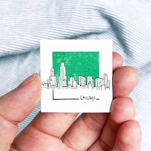 Mini Chicago, Illinois Skyline 1.5" USA City Skyline Tiny Watercolor and Ink Art PRINT