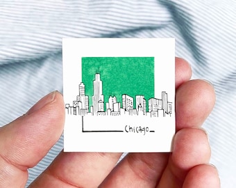 Mini Chicago, Illinois Skyline 1.5" USA City Skyline Tiny Watercolor and Ink Art PRINT