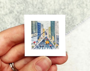 Mini 1" NYC Rainy Day New York City Umbrella Print Tiny Watercolor  Art PRINT