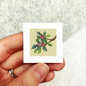 Miniature Holly Berries Art PRINT - Tiny Winter Watercolor 1-Inch Mini Wall Decor Ornament