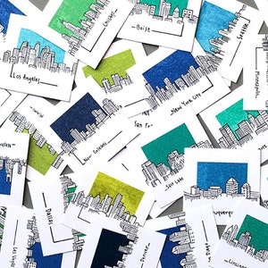 PRINTED Mini 1.5&quot; USA City Skyline Watercolor and Ink PRINTS