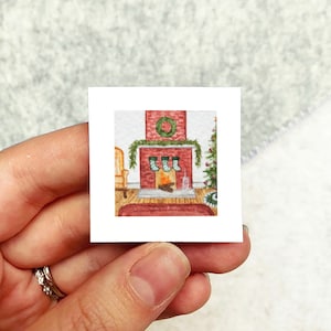 Mini 1&quot; Christmas Stockings Fireplace Winter Scene Holiday Ornament Print Tiny Watercolor  Art PRINT