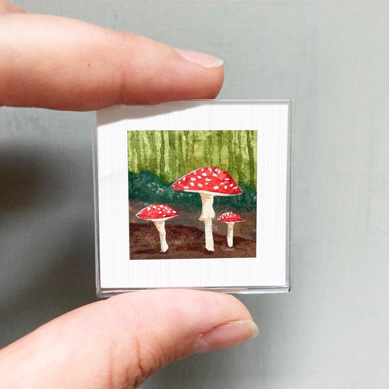 Miniature Red Mushroom Amanita muscaria Toad Art PRINT - Tiny Watercolor 1-Inch Mini Wall Decor Magnet Frame