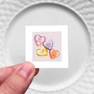 Mini 1&quot; Conversation Hearts Candy Valentine&#39;s Day Print Tiny Watercolor  Art PRINT