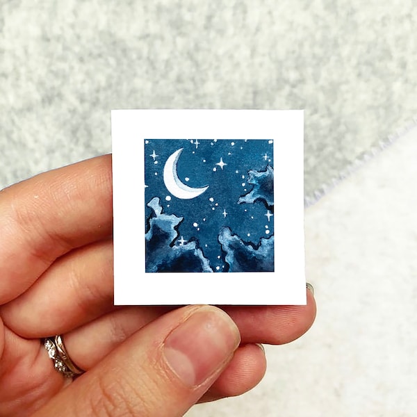 Mini 1" Crescent Moon Galaxy Night Print Tiny Watercolor  Art PRINT