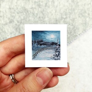 Mini 1" Moonlight Snowy Landscape Winter Scene Snowy Blizzard Holiday Ornament Print Tiny Watercolor  Art PRINT