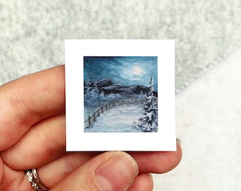 Mini 1" Moonlight Snowy Landscape Winter Scene Snowy Blizzard Holiday Ornament Print Tiny Watercolor  Art PRINT