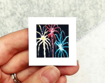 Mini 1" Fireworks 4th of July American Independence Day USA Print Tiny Watercolor  Art PRINT