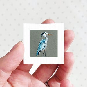 Miniature Blue Heron Art PRINT - Tiny Gouache 1-Inch Mini Wall Decor