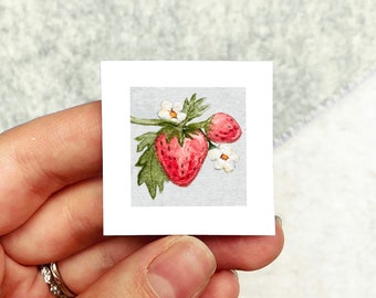 Mini 1" Strawberry Plant Blossom Summer Print Tiny Watercolor  Art PRINT