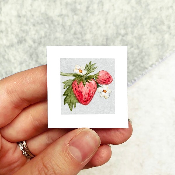 Mini 1" Strawberry Plant Blossom Summer Print Tiny Watercolor  Art PRINT