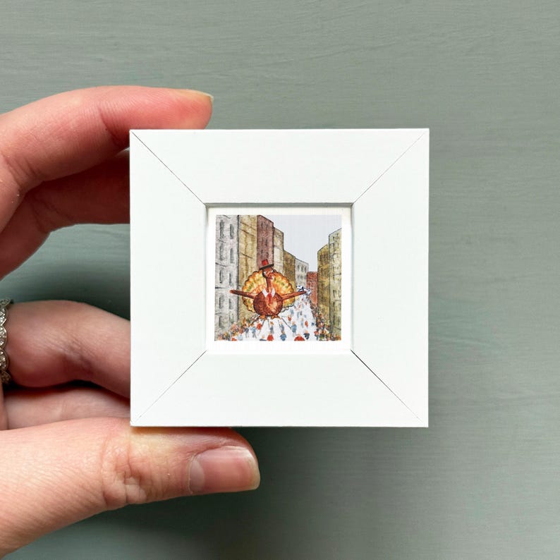 Miniature Thanksgiving Turkey Balloon – NYC Holiday Parade Tiny Watercolor Art PRINT White Frame