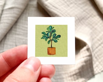 Mini 1&quot; Fiddle-Leaf Fig Houseplant, Ficus Lyrata Indoor Plants Botanical Watercolor  Tiny Art PRINT