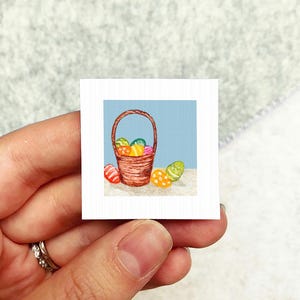 Miniature Easter Basket Bunny Dyed Eggs Art PRINT - Tiny Watercolor 1-Inch Mini Wall Decor