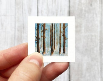 Mini 1" Snowy Woods Deciduous Trees Winter Tiny Watercolor Landscape  Art PRINT