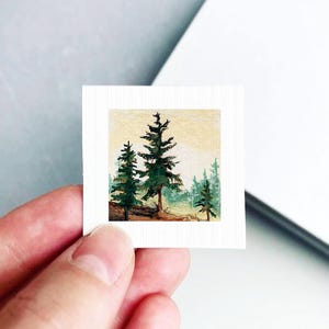 Miniature Pine Forest Alpine Hill Art PRINT - Tiny Gouache 1-Inch Mini Wall Decor