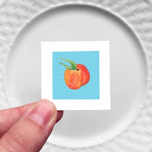 Mini 1&quot; Peach Fruit Food Kitchen Dining Room Decor Print Tiny Gouache  Art PRINT