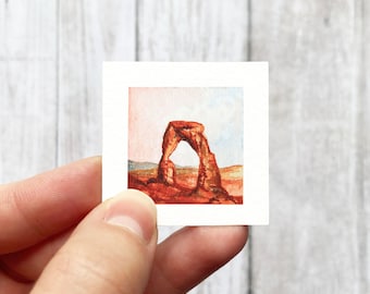 Mini 1&quot; Delicate Arch Arches National Park Tiny Watercolor Landscape  Art PRINT