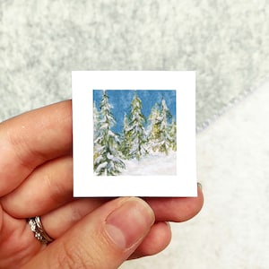Mini 1&quot; Snowy Pine Forest Winter Scene Christmas Tree Holiday Ornament Print Tiny Watercolor  Art PRINT