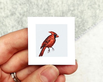 Mini 1" Cardinal Bird Christmas Winter Holiday Ornament Print Tiny Watercolor  Art PRINT