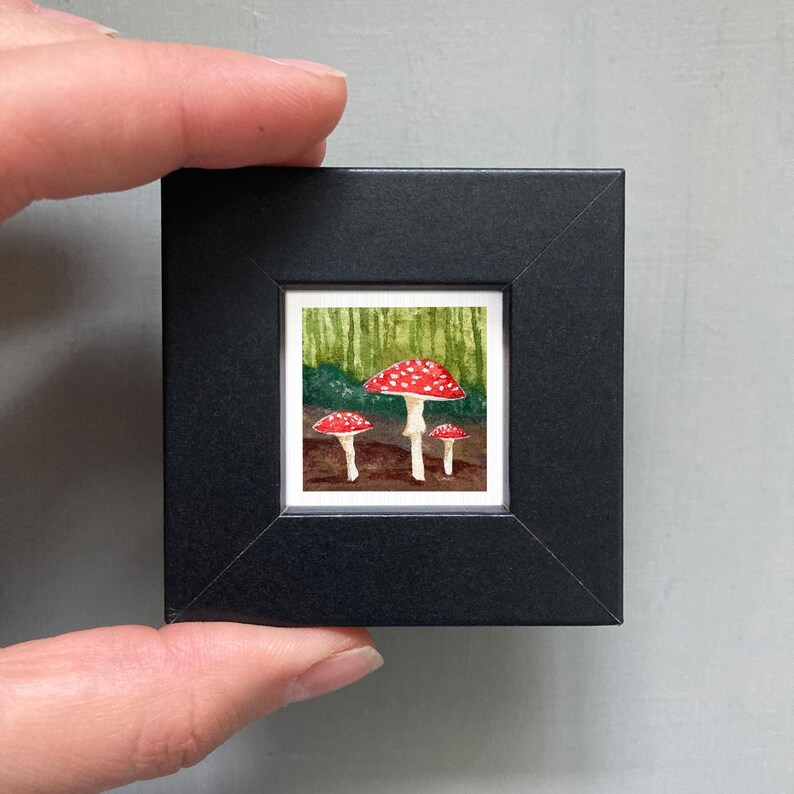 Miniature Red Mushroom Amanita muscaria Toad Art PRINT - Tiny Watercolor 1-Inch Mini Wall Decor Black Frame