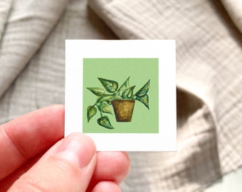 Mini 1&quot; Pothos Philodendron Houseplant, Indoor Plants Botanical Watercolor  Tiny Art PRINT