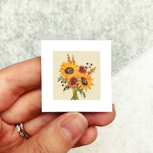 Mini 1&quot; Autumn Flowers Sunflower Mum Floral Bouquet Fall Print Tiny Watercolor  Art PRINT