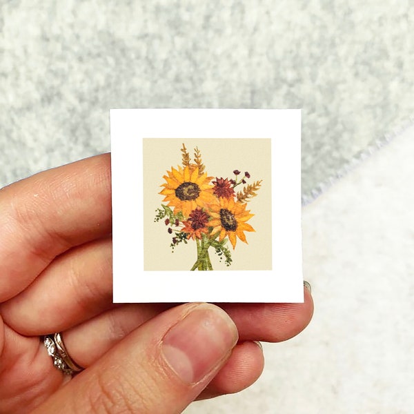 Mini 1" Autumn Flowers Sunflower Mum Floral Bouquet Fall Print Tiny Watercolor  Art PRINT