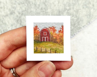 Mini 1" Red Barn Autumn Farm Fall Orchard Print Tiny Watercolor  Art PRINT