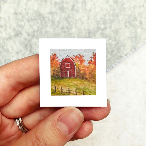 Mini 1" Red Barn Autumn Farm Fall Orchard Print Tiny Watercolor  Art PRINT