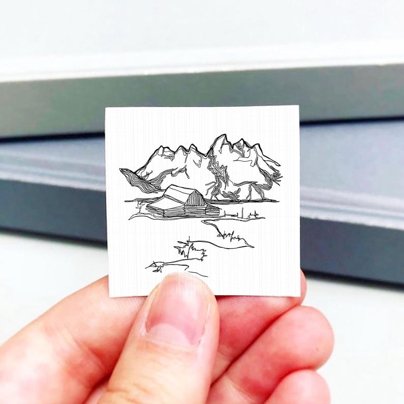 Miniature Grand Teton National Park Line Drawing PRINT - Mini Wall Art 画像 1